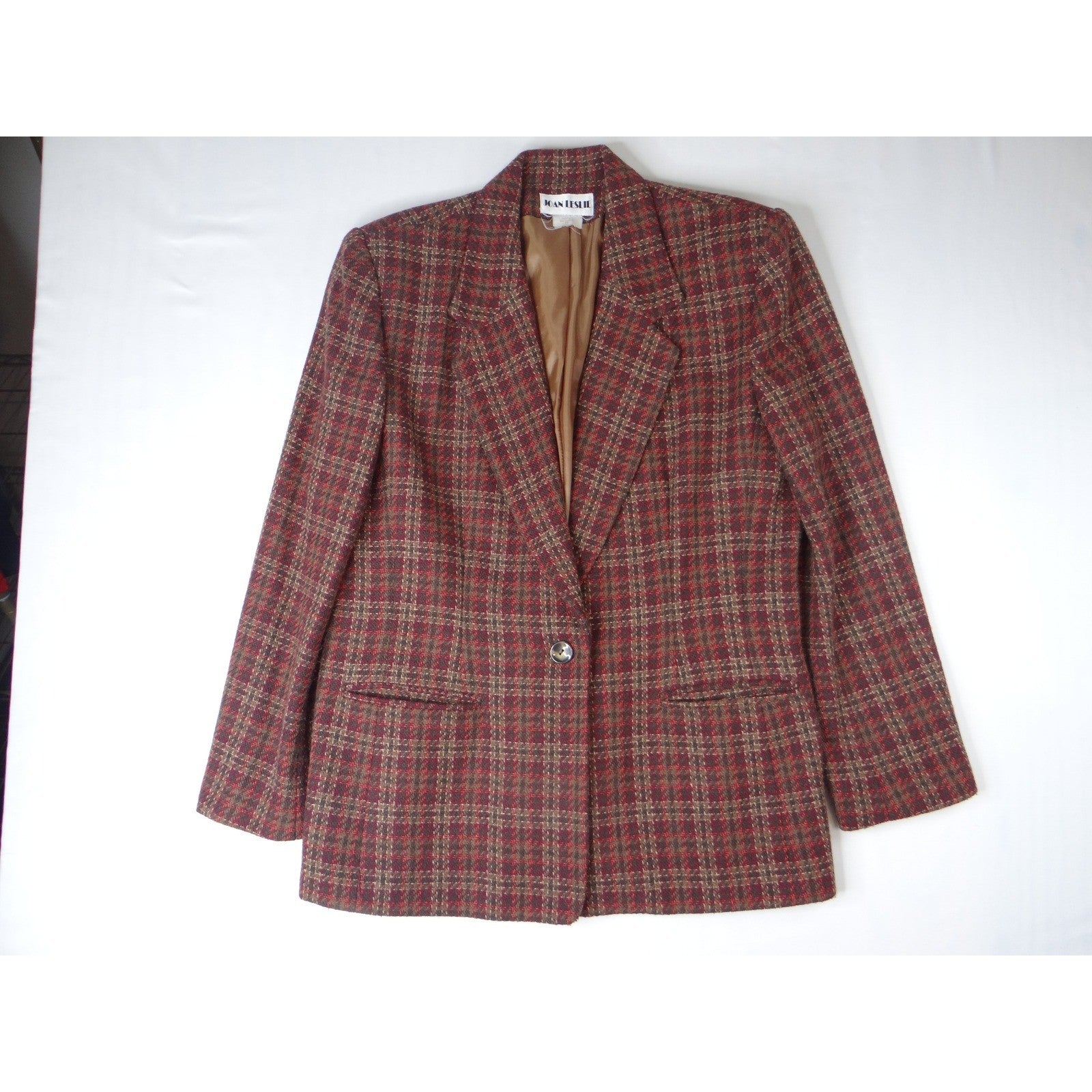 Vintage Joan Leslie Women's Plaid Blazer Jacket Sz14 Red Brown Gold Tweed Lined