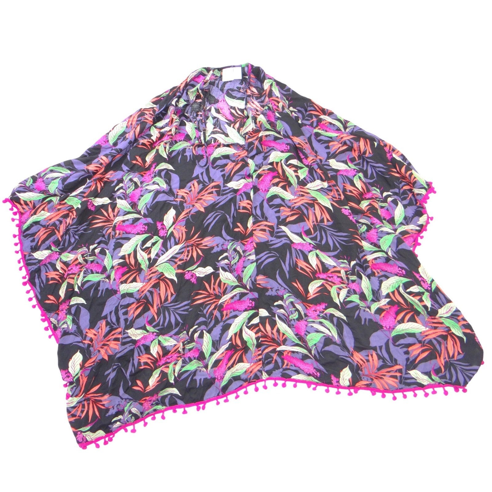 Goa Beachwear by Japna Women L Tropical Floral Kaftan Cover Up Pom Pom Trim