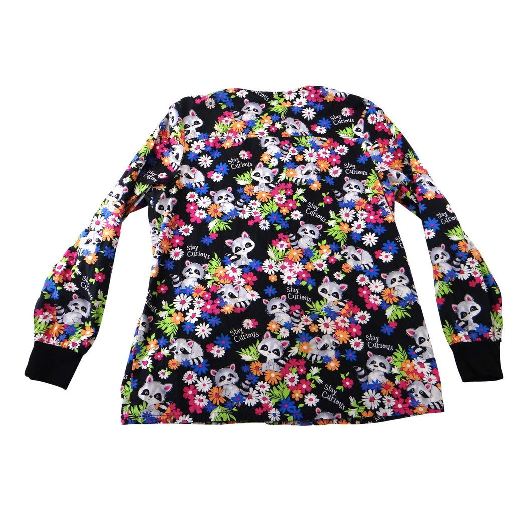 Cherokee Stay Curious Raccoon Floral Scrub Jacket Snap Front CK301 Black L
