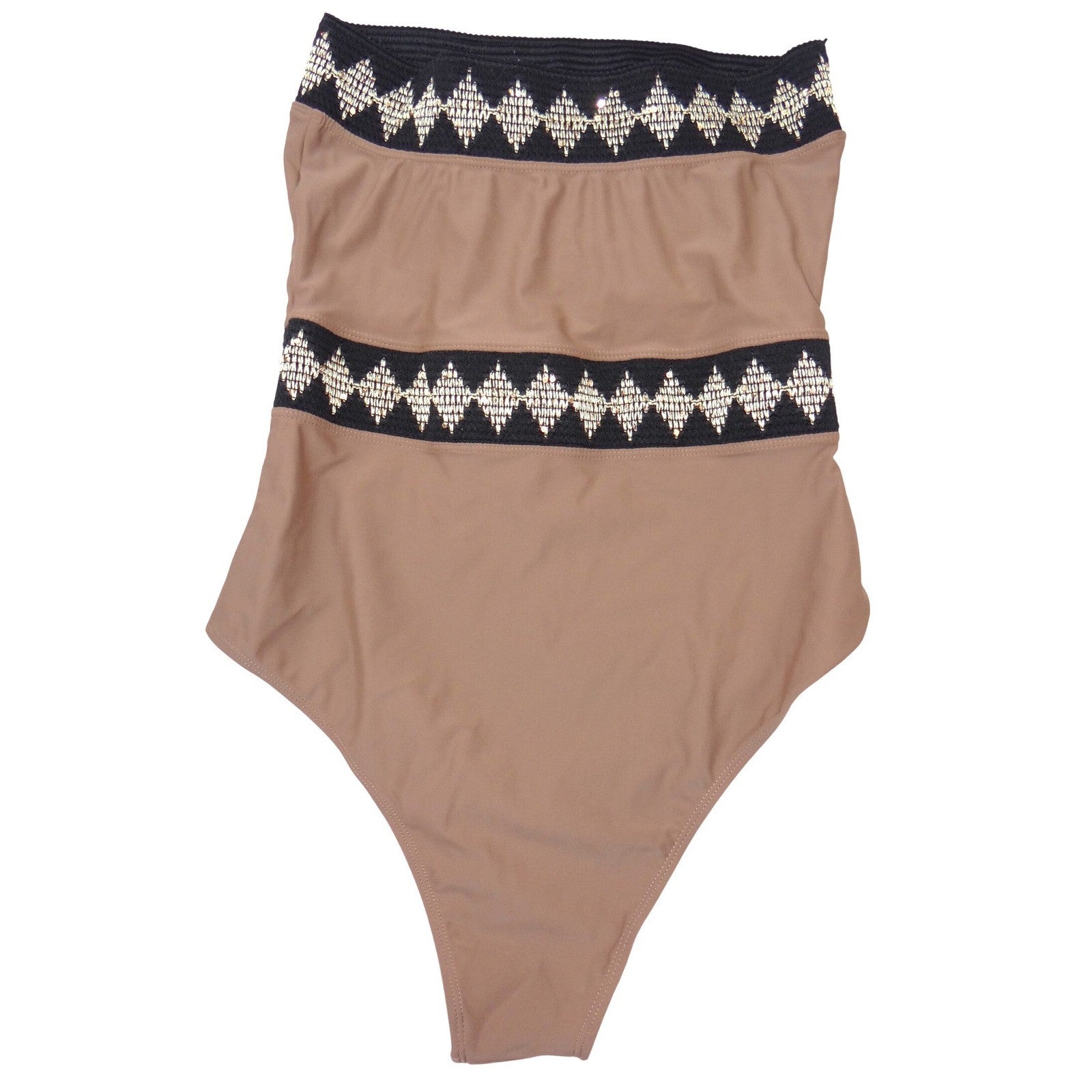 Womens Strapless One Piece Swimsuit Brown Gold Embroidered Sequin Medium