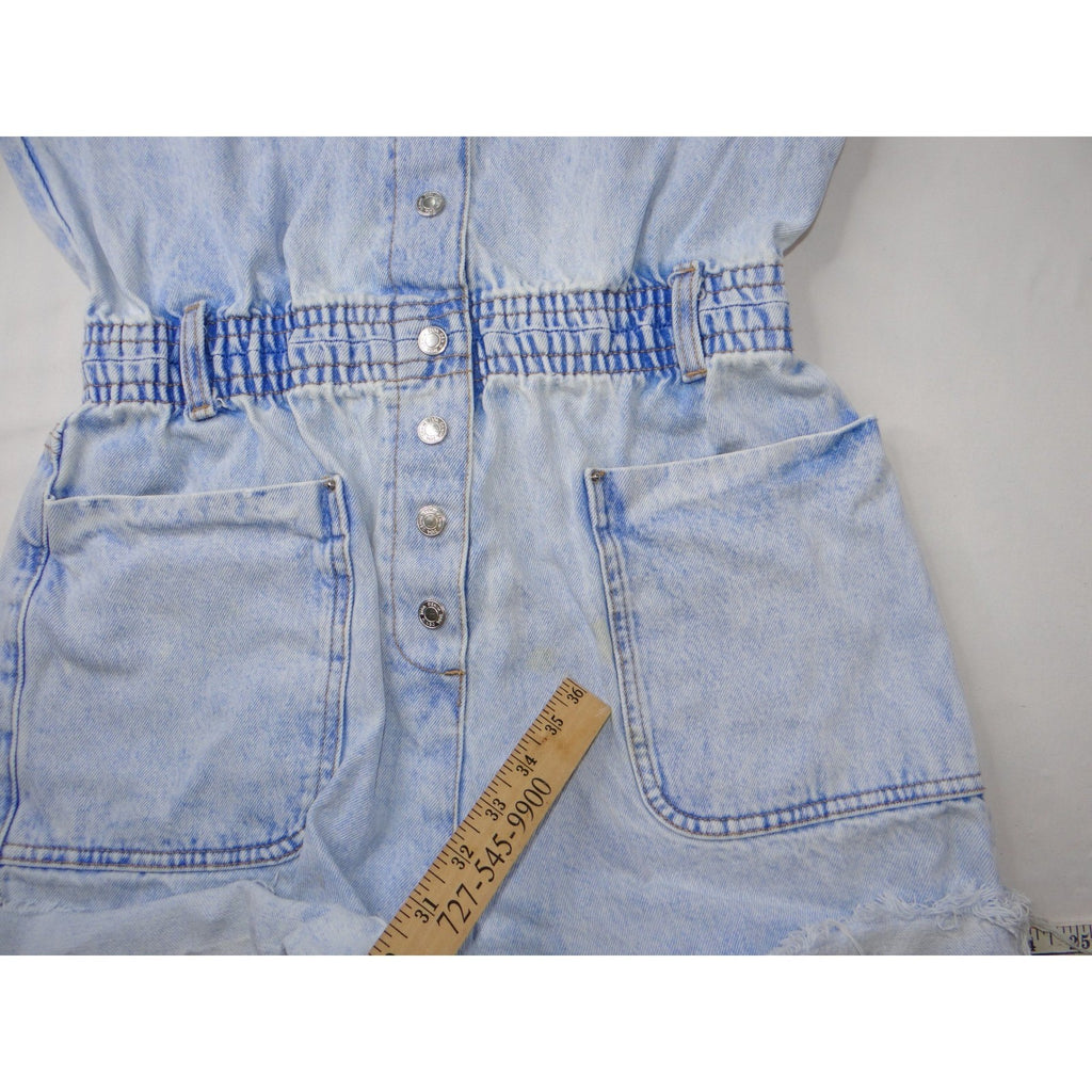 ZARA Acid Wash Denim Collared Button Front Elastic Waist Shortall Romper Size S