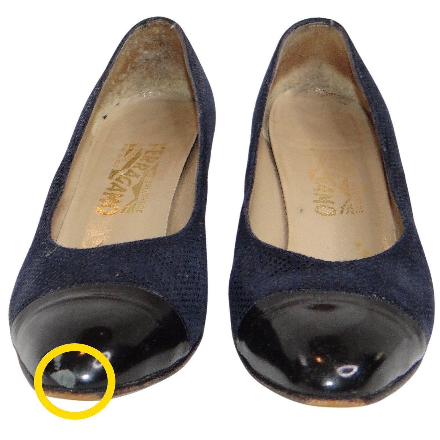 Salvatore Ferragamo Navy Suede Cap Toe Block Heel Pumps Shoes Womens Size 9 AA