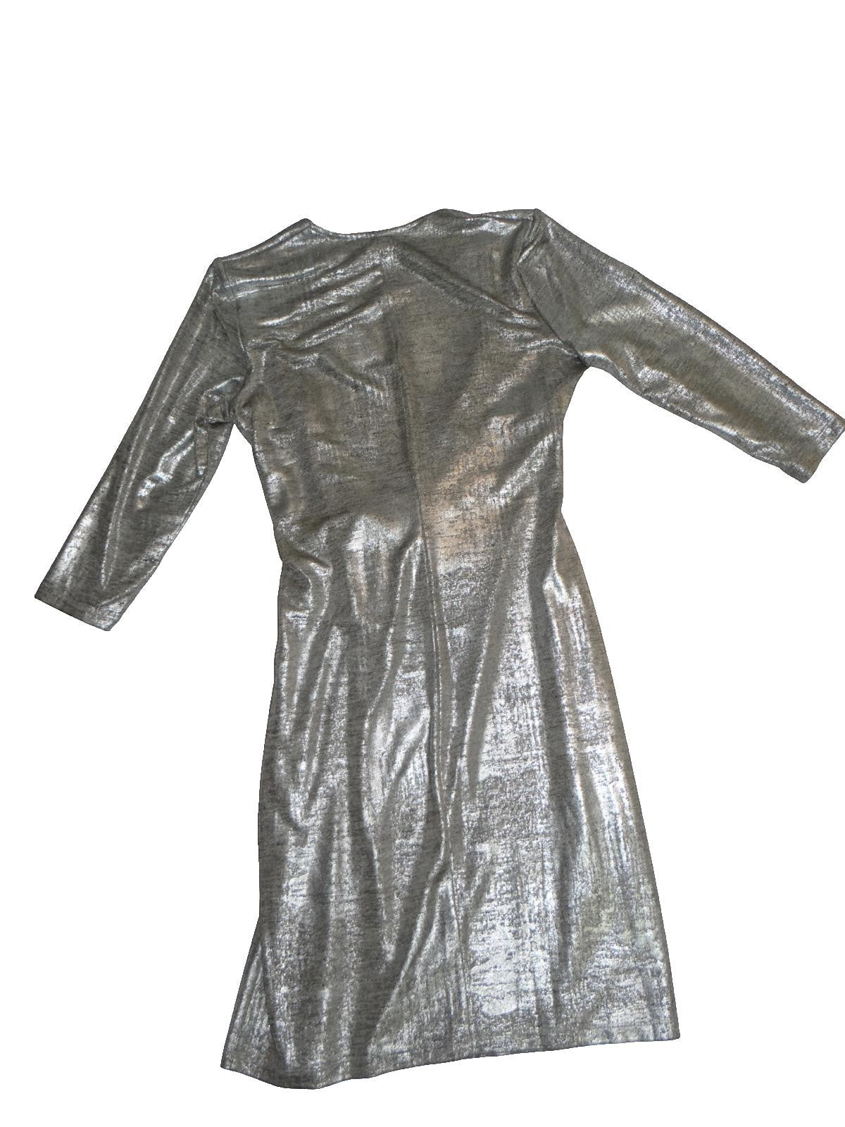 Anne Klein NWOT Silver Metallic Long Sleeve Wrap Dress with Decorative Buckle