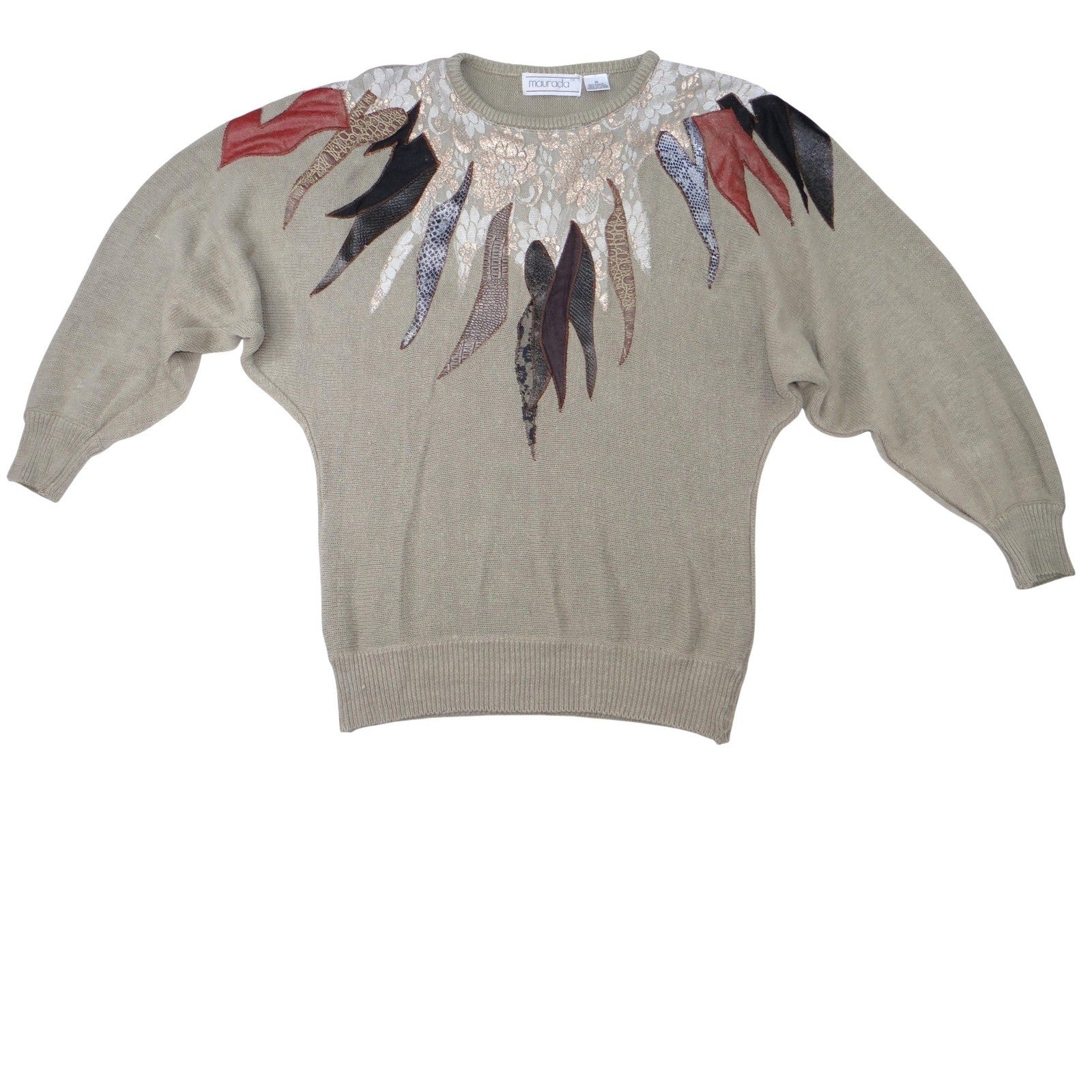 Vintage Unique Maurada Embellished Sweater Beige Knit Dolman Sleeve Women's M