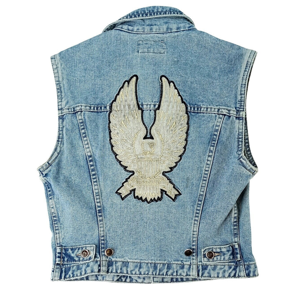PARASUCO Womens M/M Blue Denim Eagle Patch Sleeveless Vest Jacket