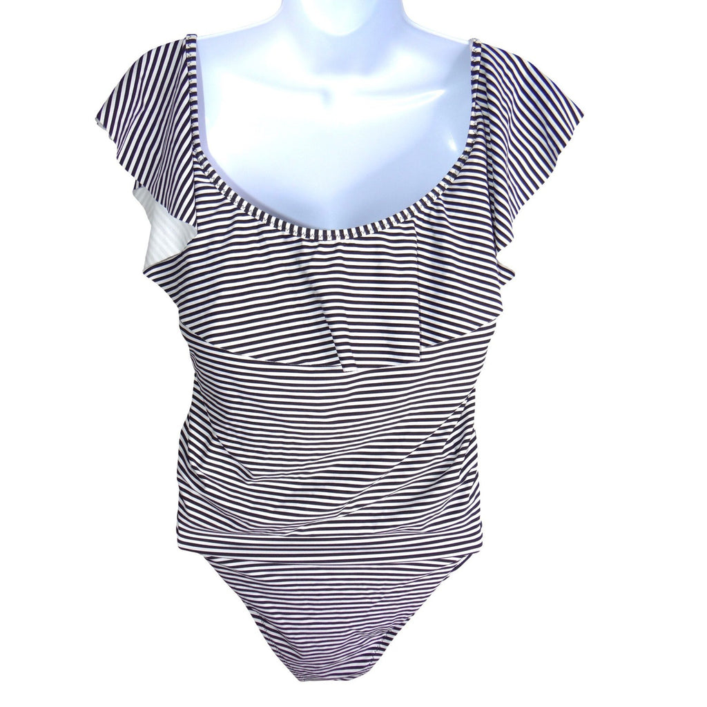 Gap Womens Black White Striped Ruffle Flutter Sleeve One Piece Swimsuit Size L