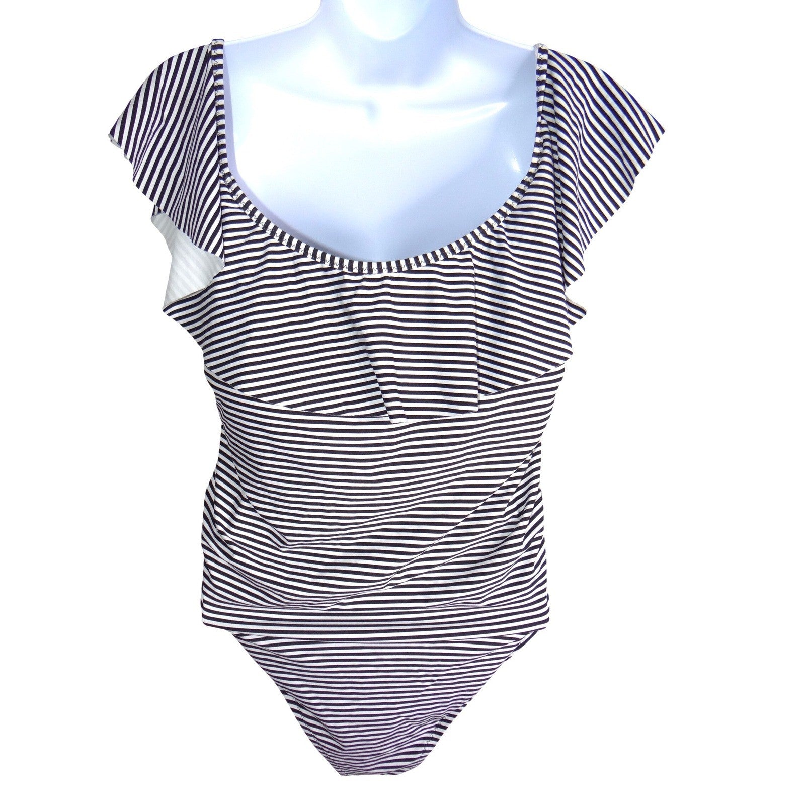 Gap Womens Black White Striped Ruffle Flutter Sleeve One Piece Swimsuit Size L