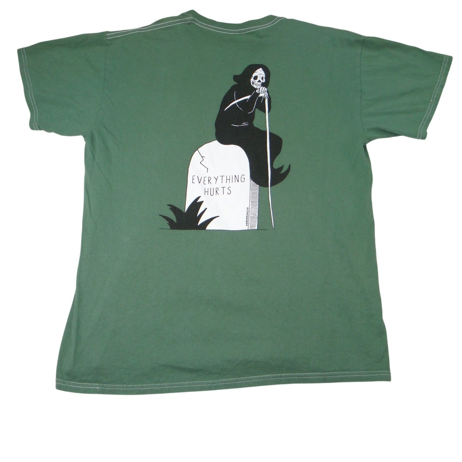 Threadless T Shirt Everything Hurts Grim Reaper Graphic Print Green Size M