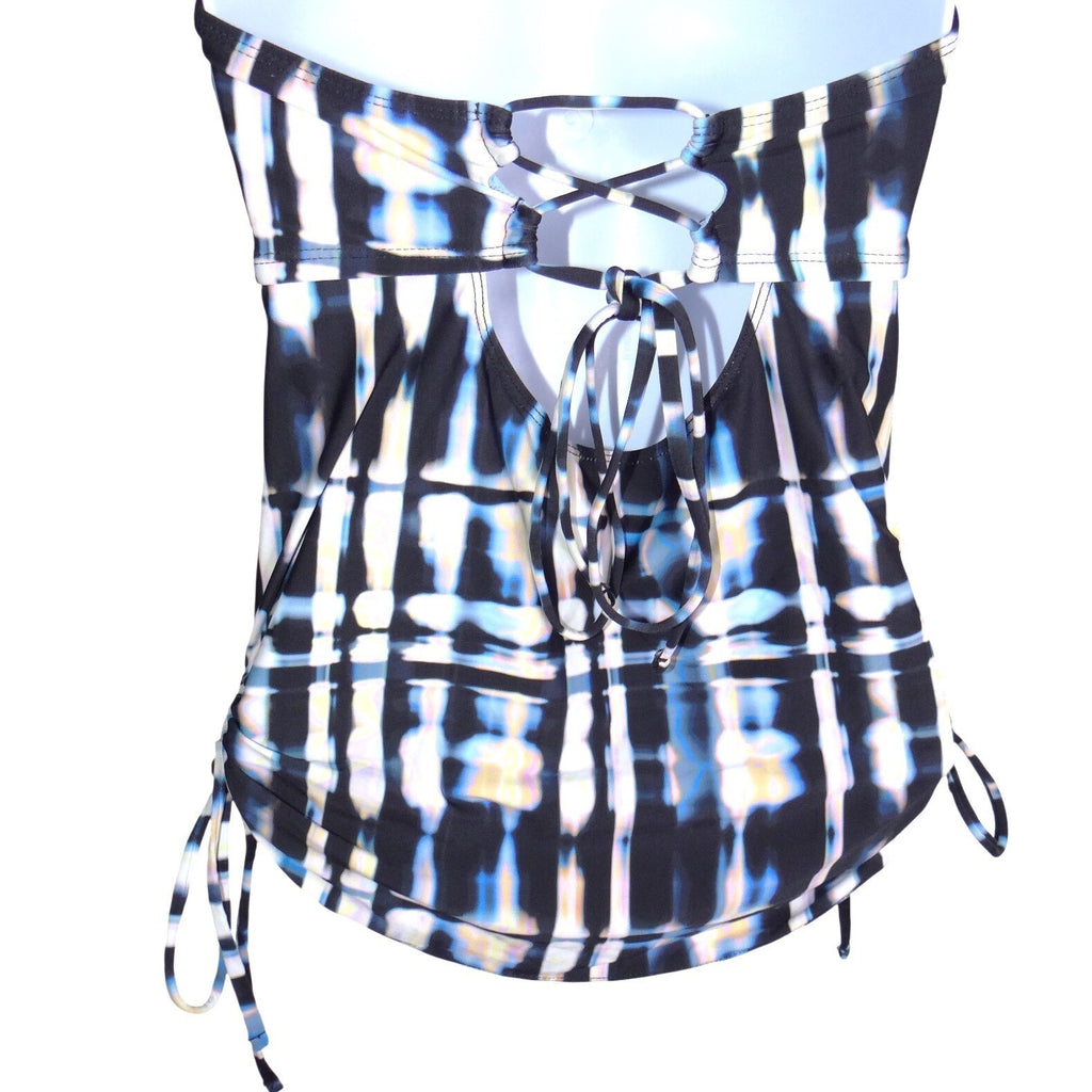Lucky Brand Womens Blue Black Abstract Tie Dye Lace Up Strapless Tankini Top L