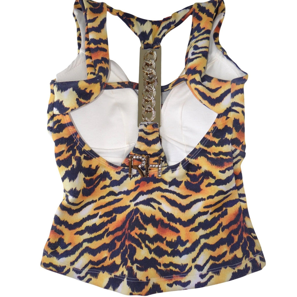 Rare Rhero Jeans Womens Tiger Print Tank Top Rhinestone Gold Hardware Racerback