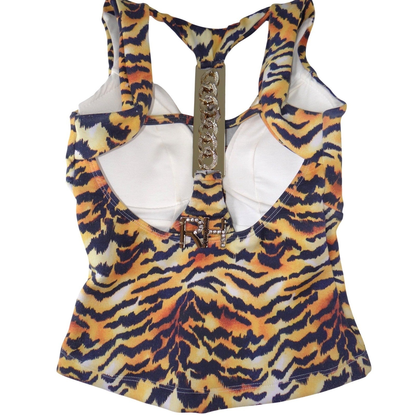 Rare Rhero Jeans Womens Tiger Print Tank Top Rhinestone Gold Hardware Racerback