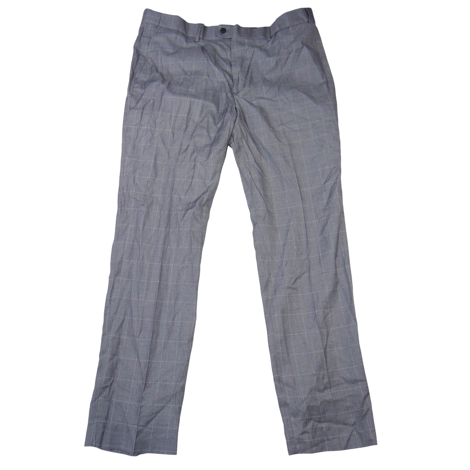 Mens Grey Windowpane Plaid Dress Pants Flat Front Trousers Size 38 S6037
