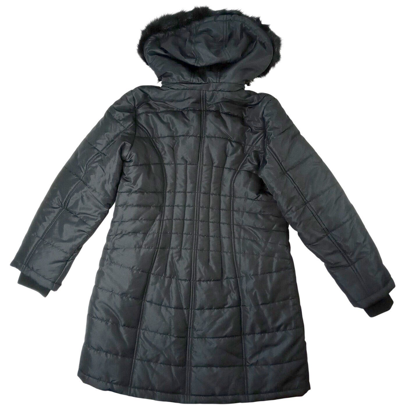 NWT Vintage Womens Black Quilted Long Coat Removable Hood Faux Fur Trim Medium