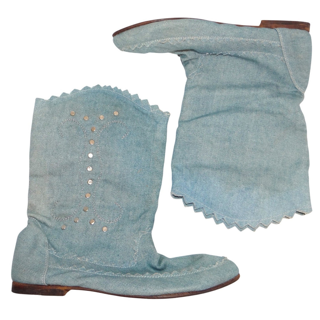 Bruno Bartoli Vintage Denim Slouch Boots Light Wash Studded Sawtooth Women 6