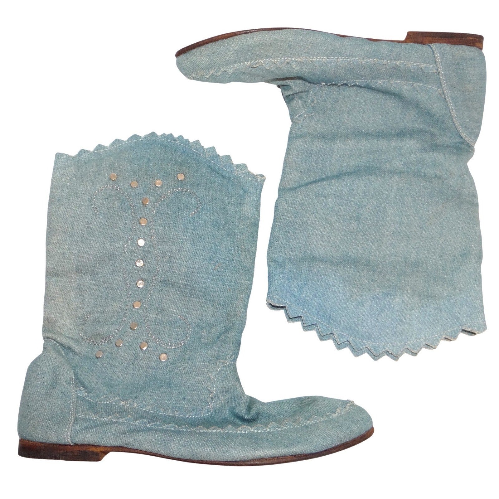 Bruno Bartoli Vintage Denim Slouch Boots Light Wash Studded Sawtooth Women 6