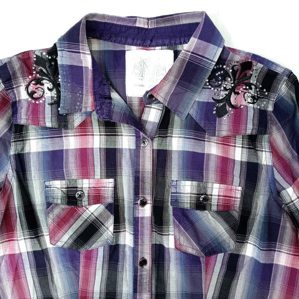 Y2K Maurice's Plaid Shirt Rhinestone Embellished Lace Western Style Women's Med