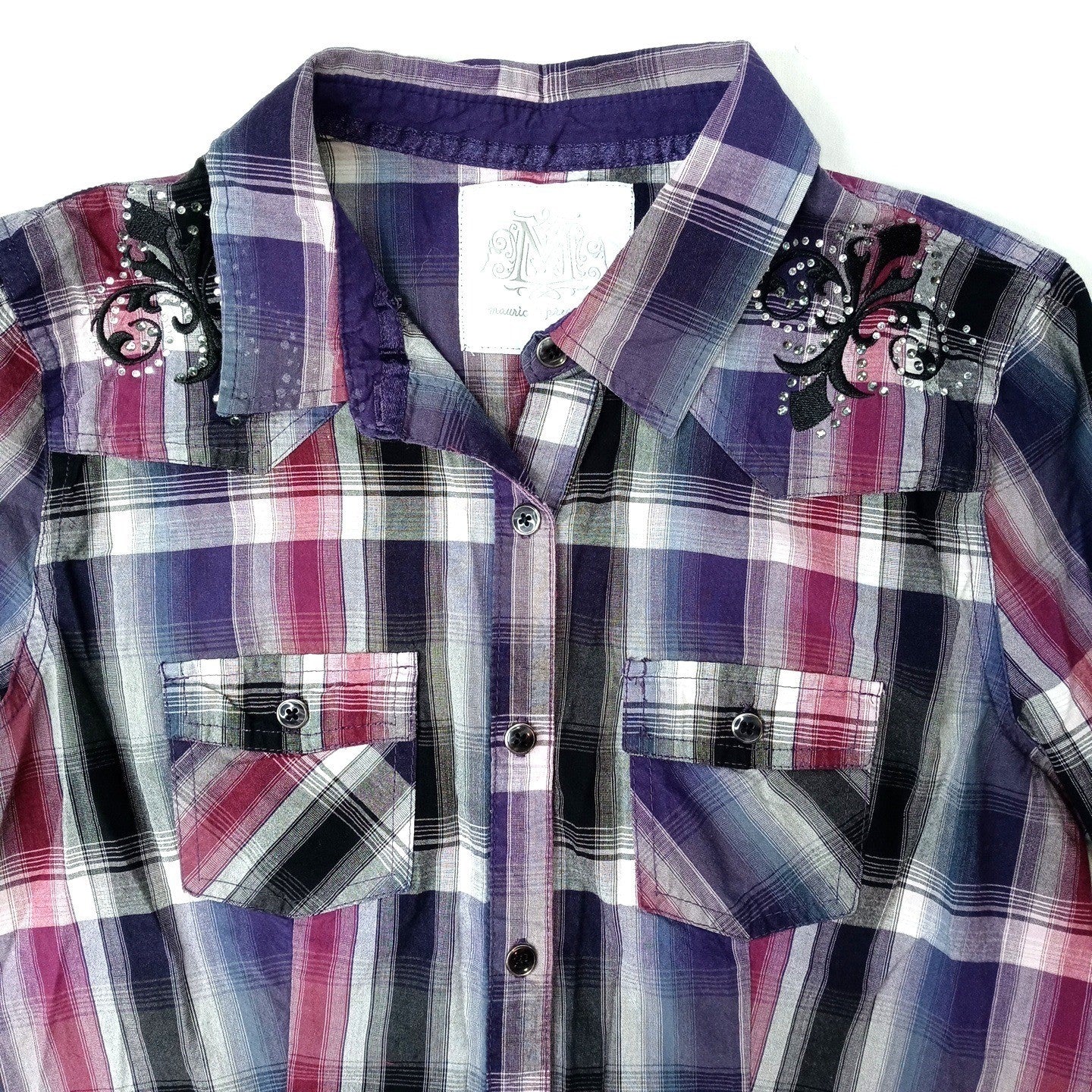 Y2K Maurice's Plaid Shirt Rhinestone Embellished Lace Western Style Women's Med