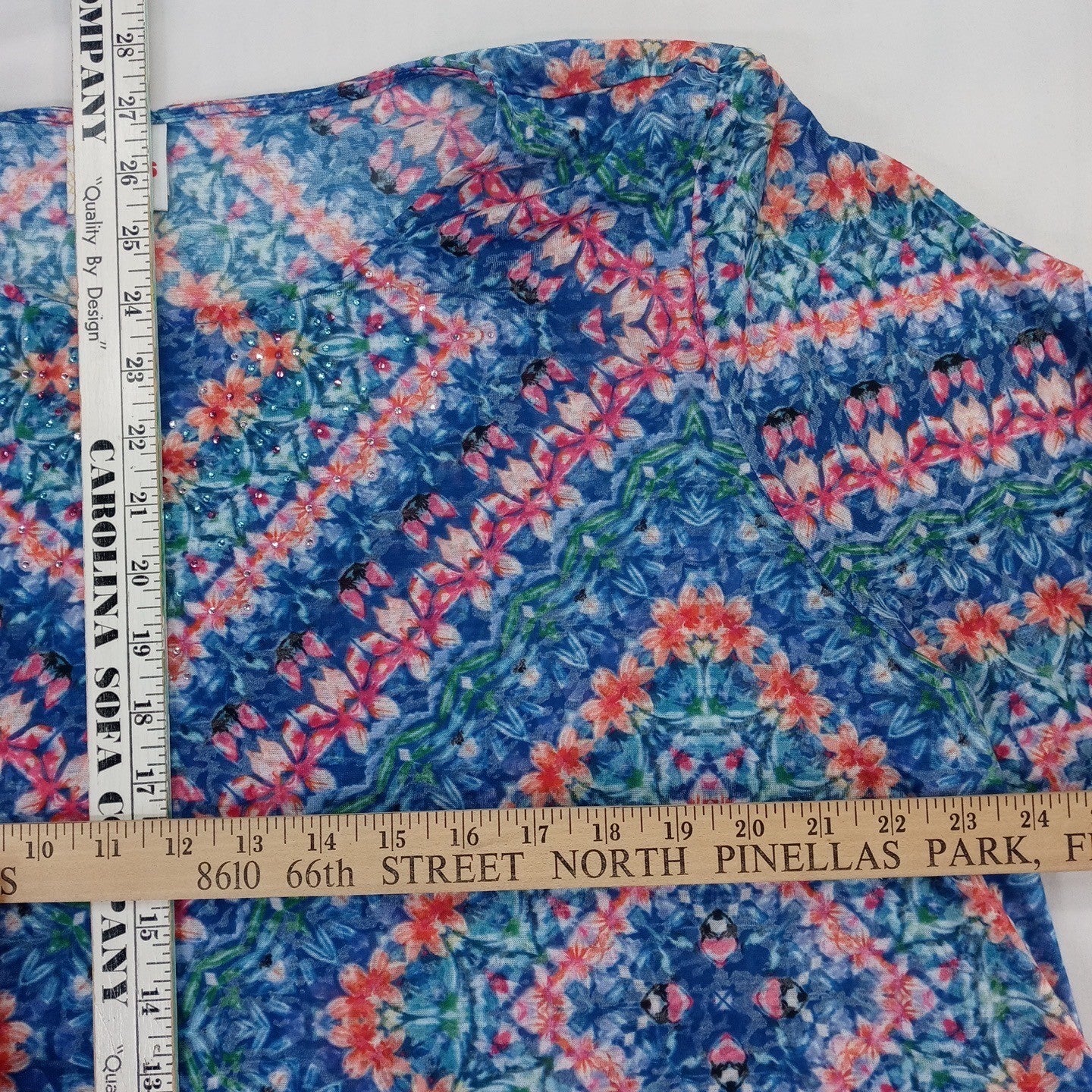 NWT-Ruby Rd. Favorites Woman 3X Blue Floral Geometric Print 3/4 Sleeve Tunic Top