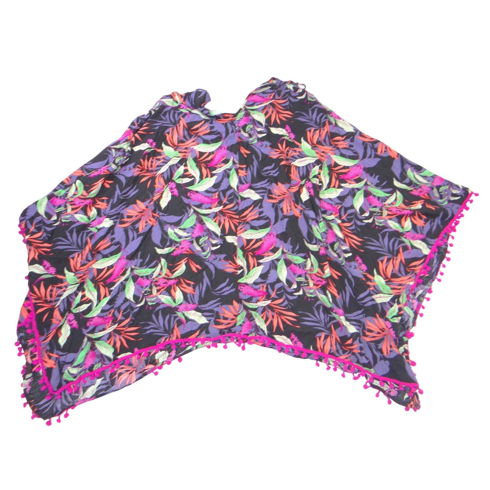 Goa Beachwear by Japna Women L Tropical Floral Kaftan Cover Up Pom Pom Trim