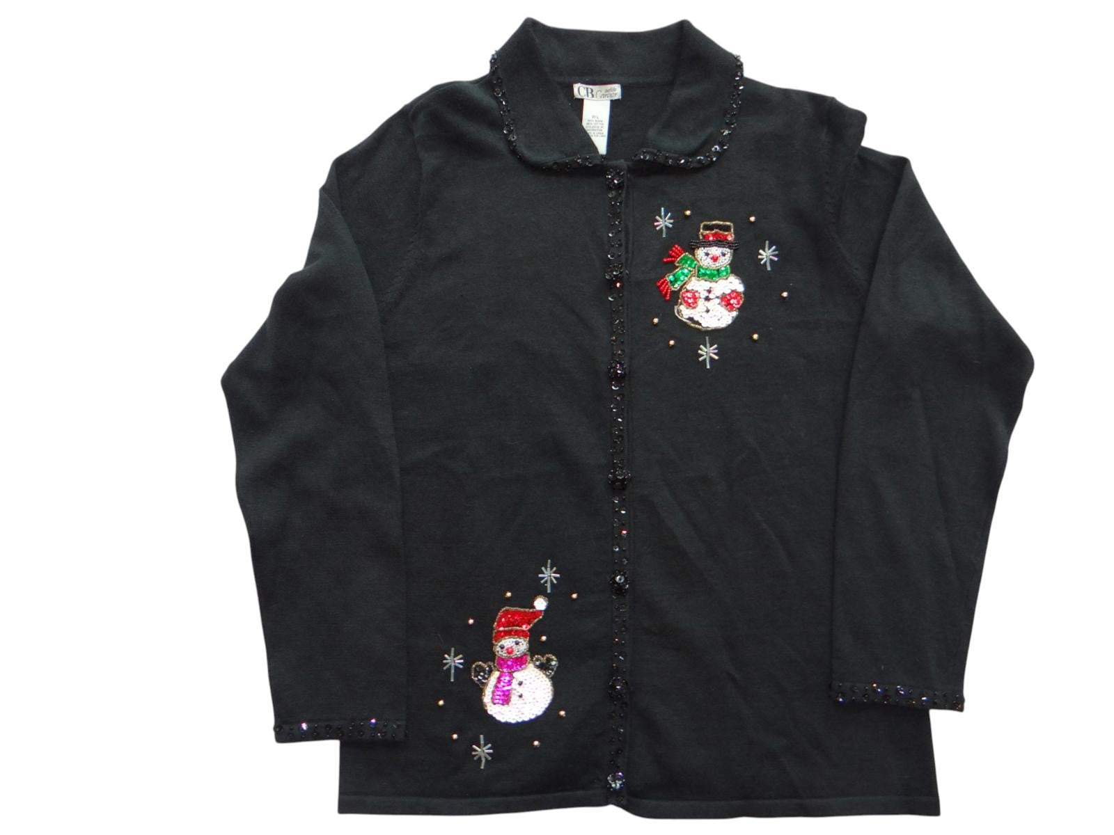 Black Women's Cardigan Sweater with Beaded Snowman Embellishments