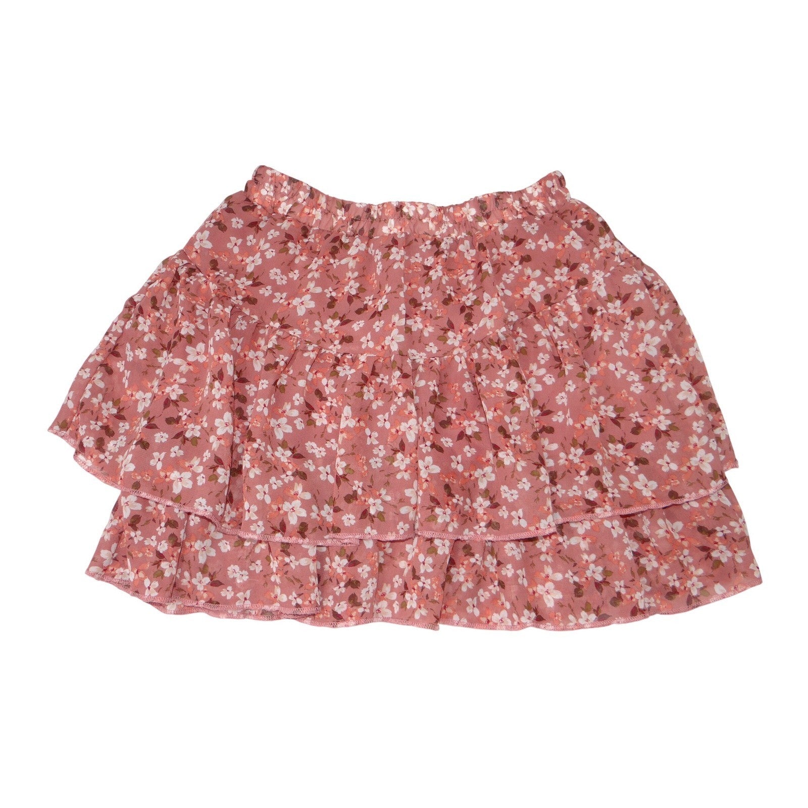 Beautees Floral Tiered Ruffle Mini Skirt Pink White Girls Size S 7 8