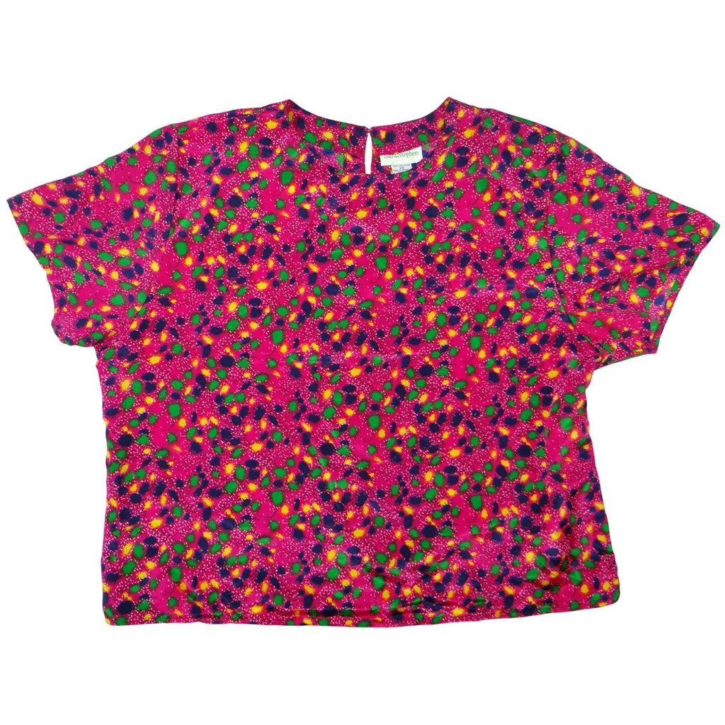 Sara Stephen Womens 2X Pink Floral Print Short Sleeve Button Back Blouse Top