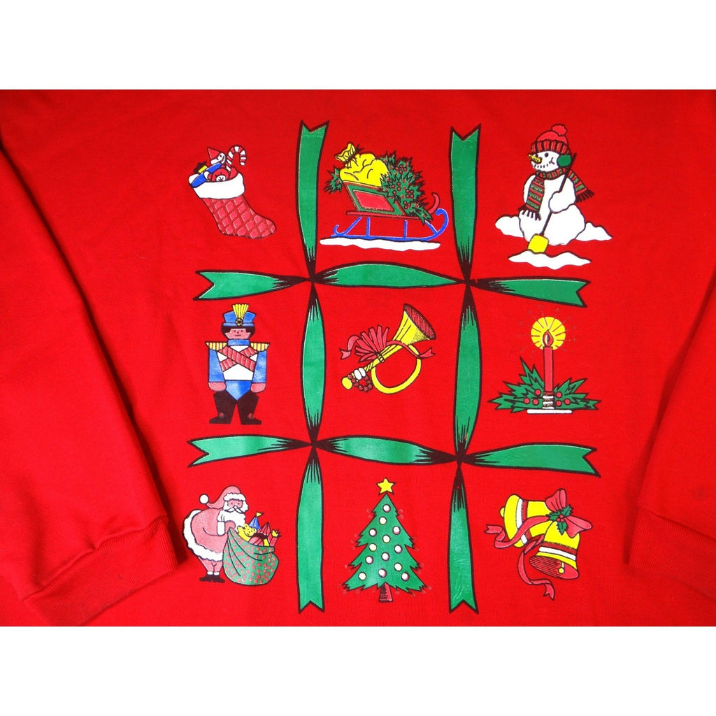 Nucleus Woman Red Christmas Graphic Sweatshirt Santa Nutcracker Snowman Bells