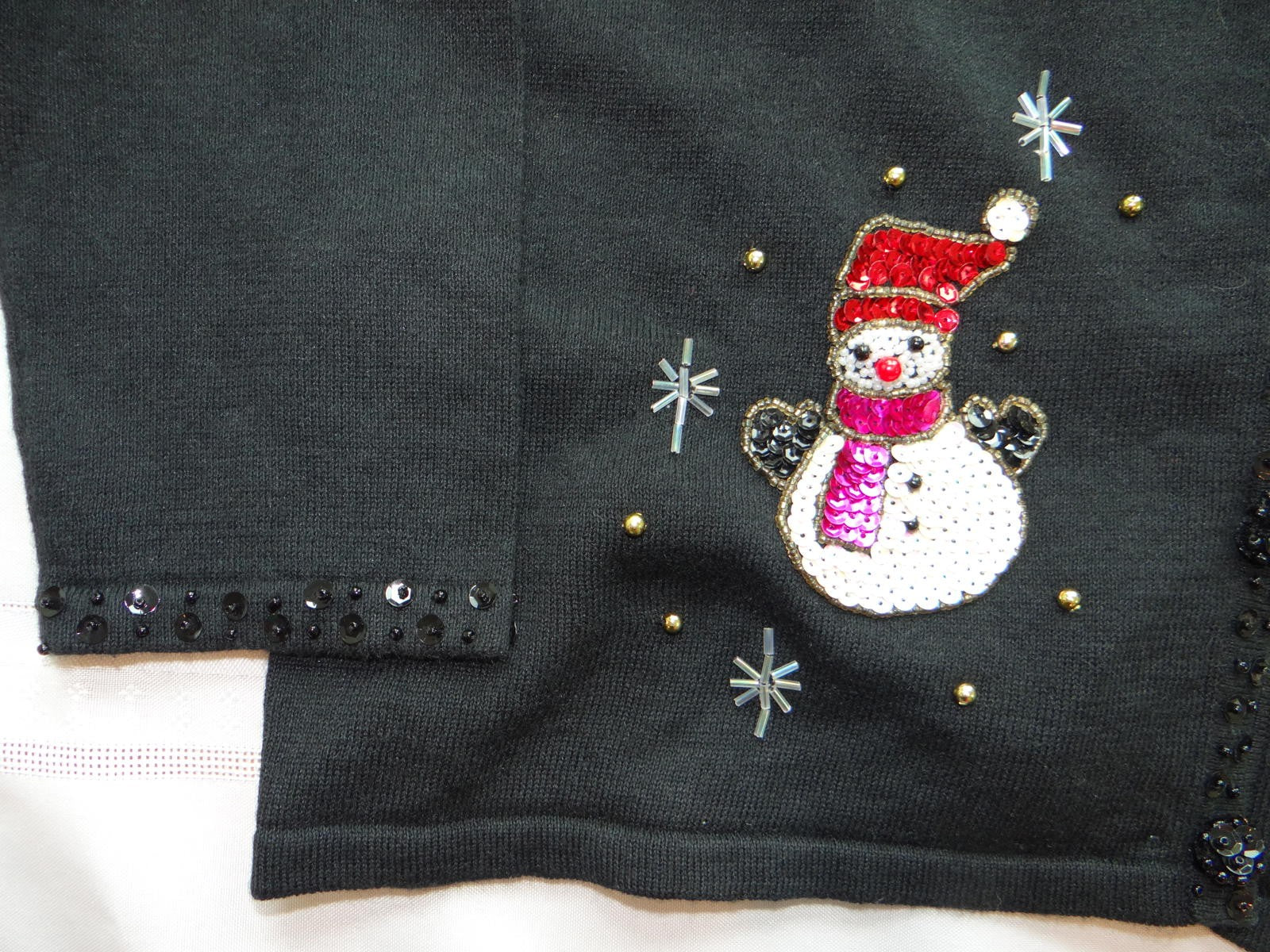 Black Women's Cardigan Sweater with Beaded Snowman Embellishments