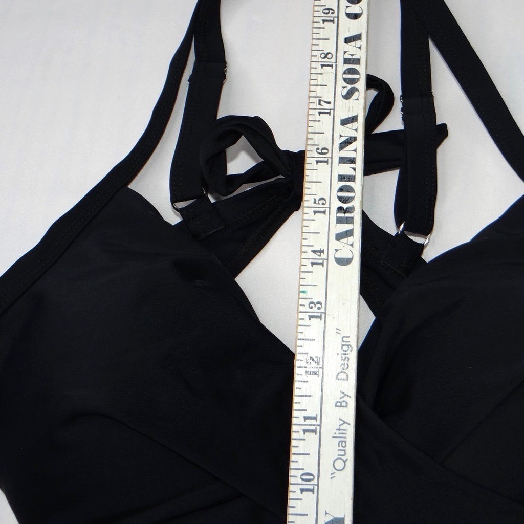 Black Wrap Front Halter Tankini Swim Top Size Medium Padded Classic Solid