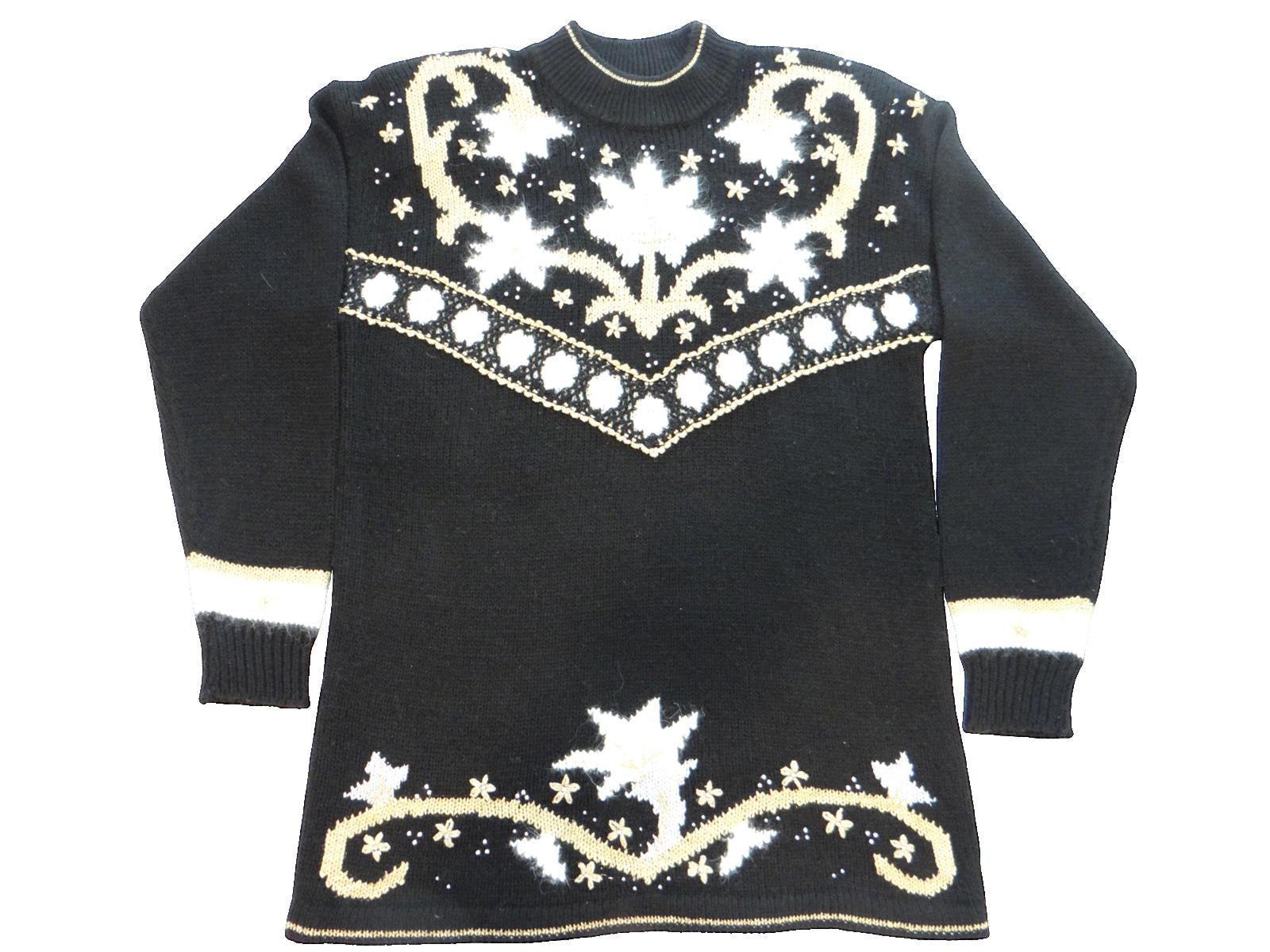 Black Women's Long Sleeve Sweater with White and Gold Floral Pattern
