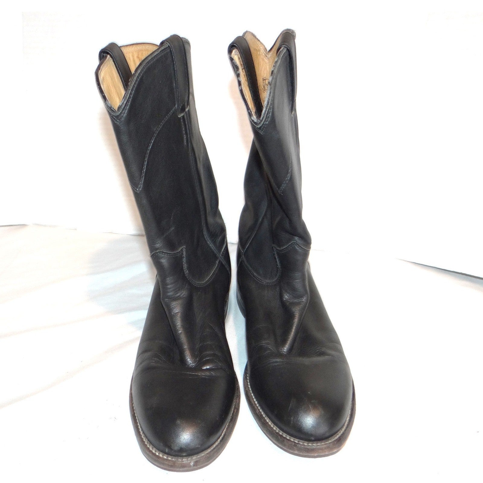Justin L3620 Black Leather Roper Western Boots Womens 7 B Made in USA Round Toe