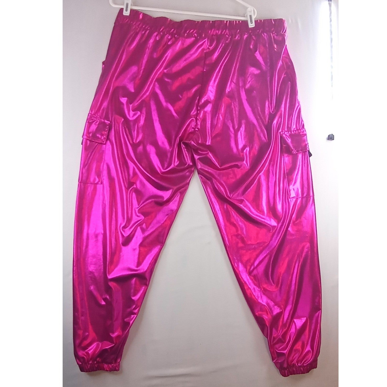 Womens Shiny Pink Cargo Joggers Metallic Shiny Pants Festival Rave