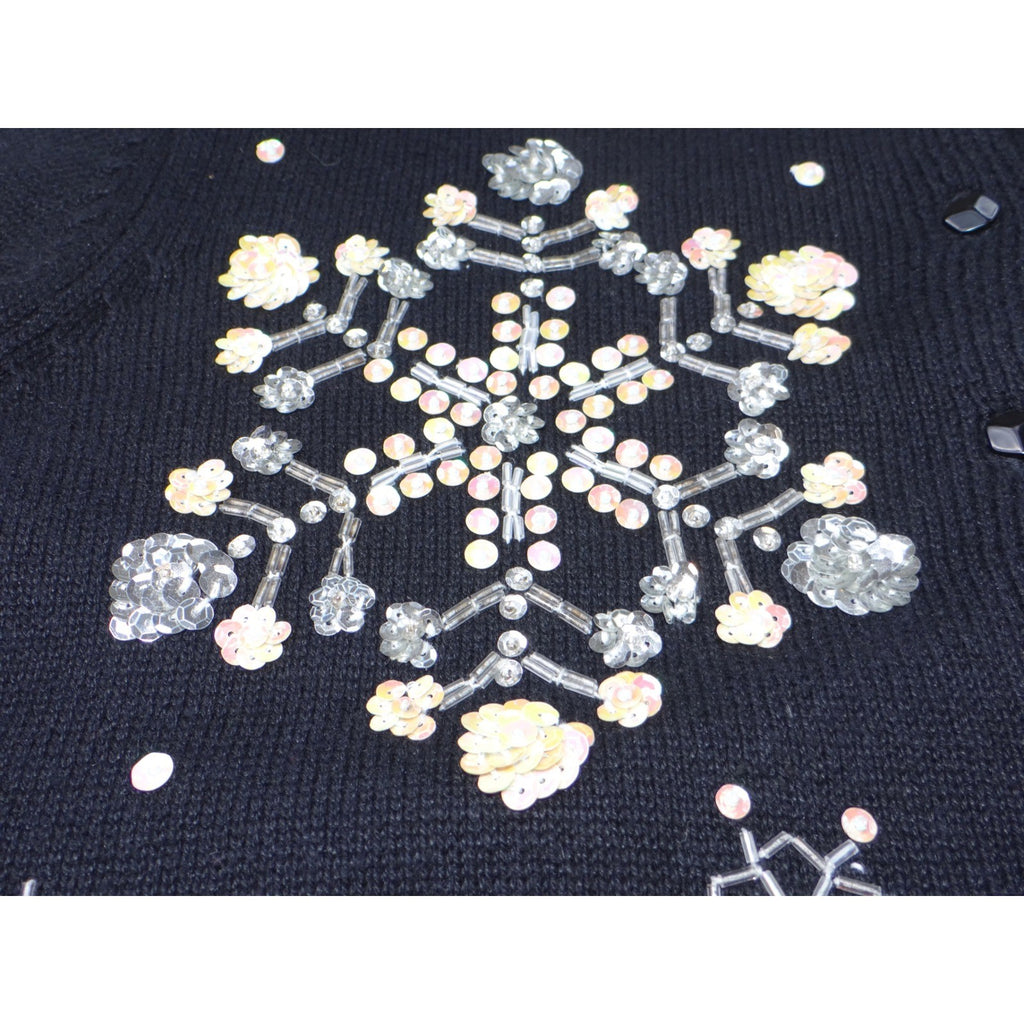 Vintage Heirloom Collectibles Sweater Cardigan Snowflake Beaded Sequin Black M