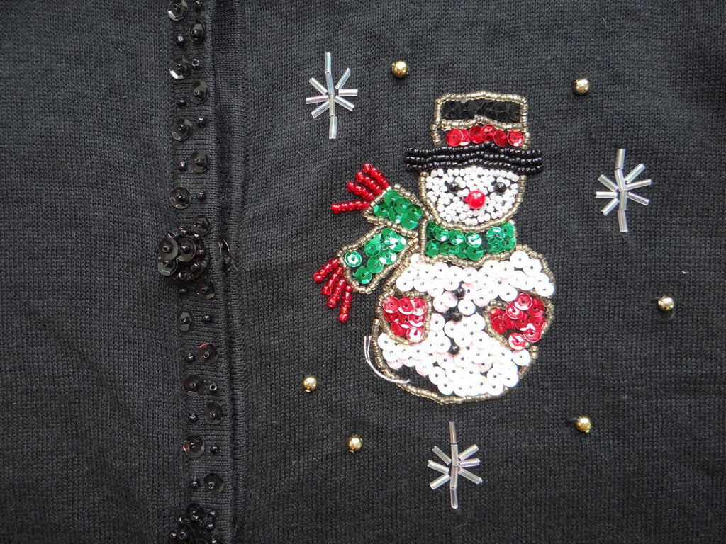 Black Women's Cardigan Sweater with Beaded Snowman Embellishments
