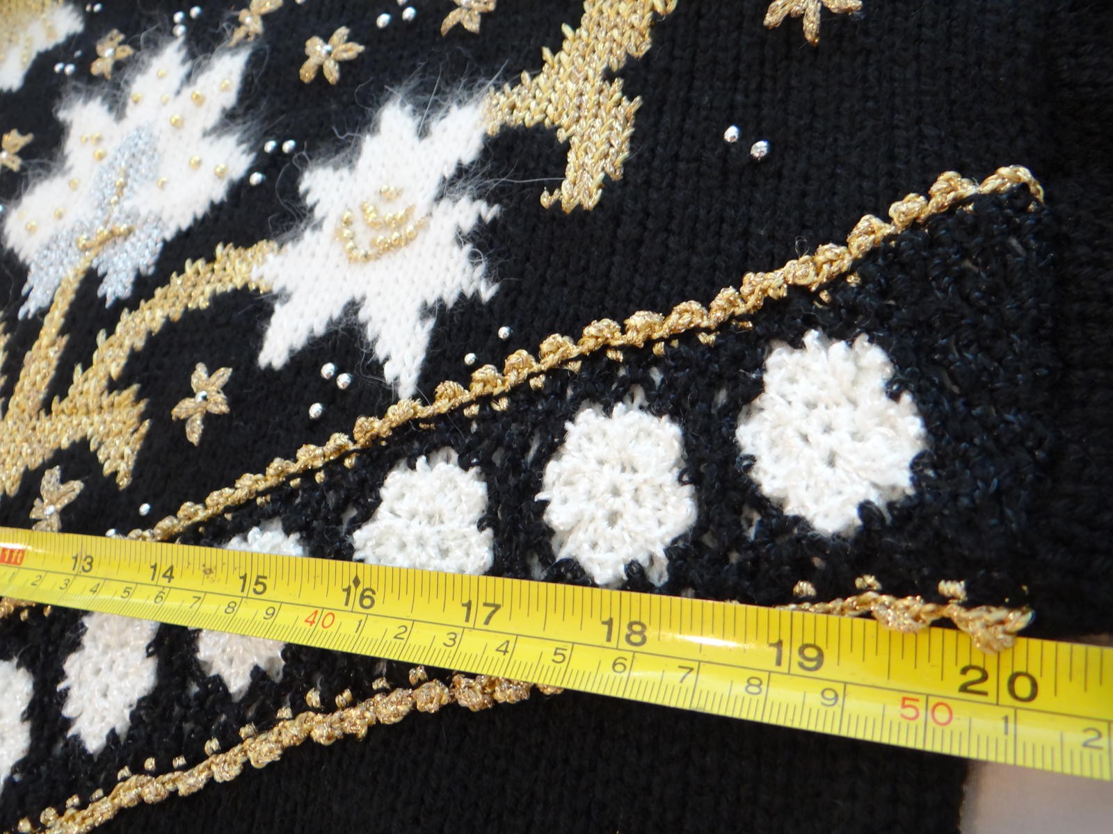 Black Women's Long Sleeve Sweater with White and Gold Floral Pattern