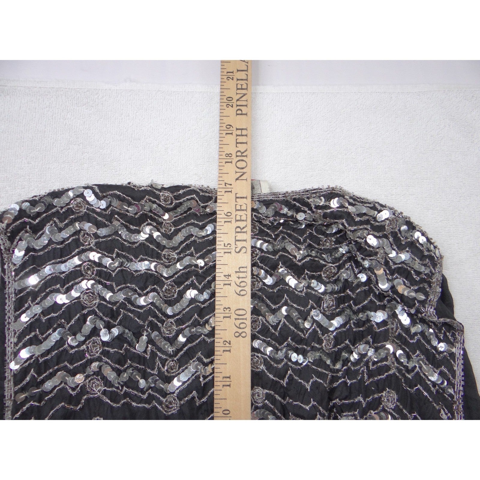 Vintage B'way Rose Vintage 100% Silk Beaded Sequin Vest Black Silver Chevron-ish