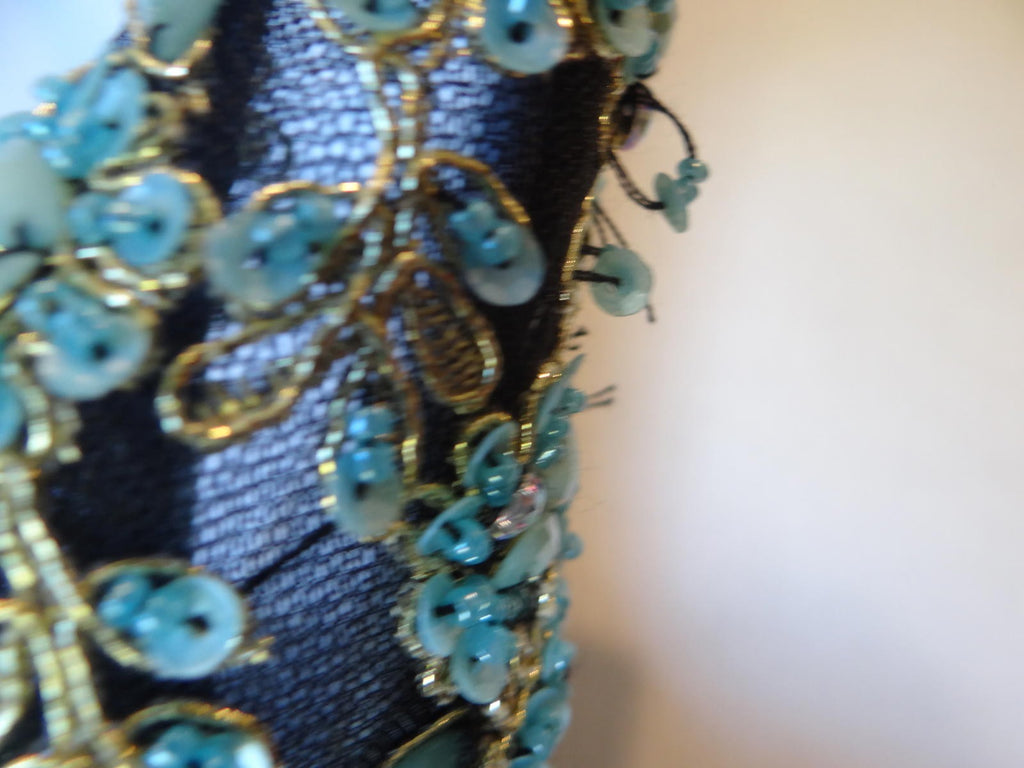 Aspeed Black Mini Dress with Embroidered Floral Bodice and Sheer Details