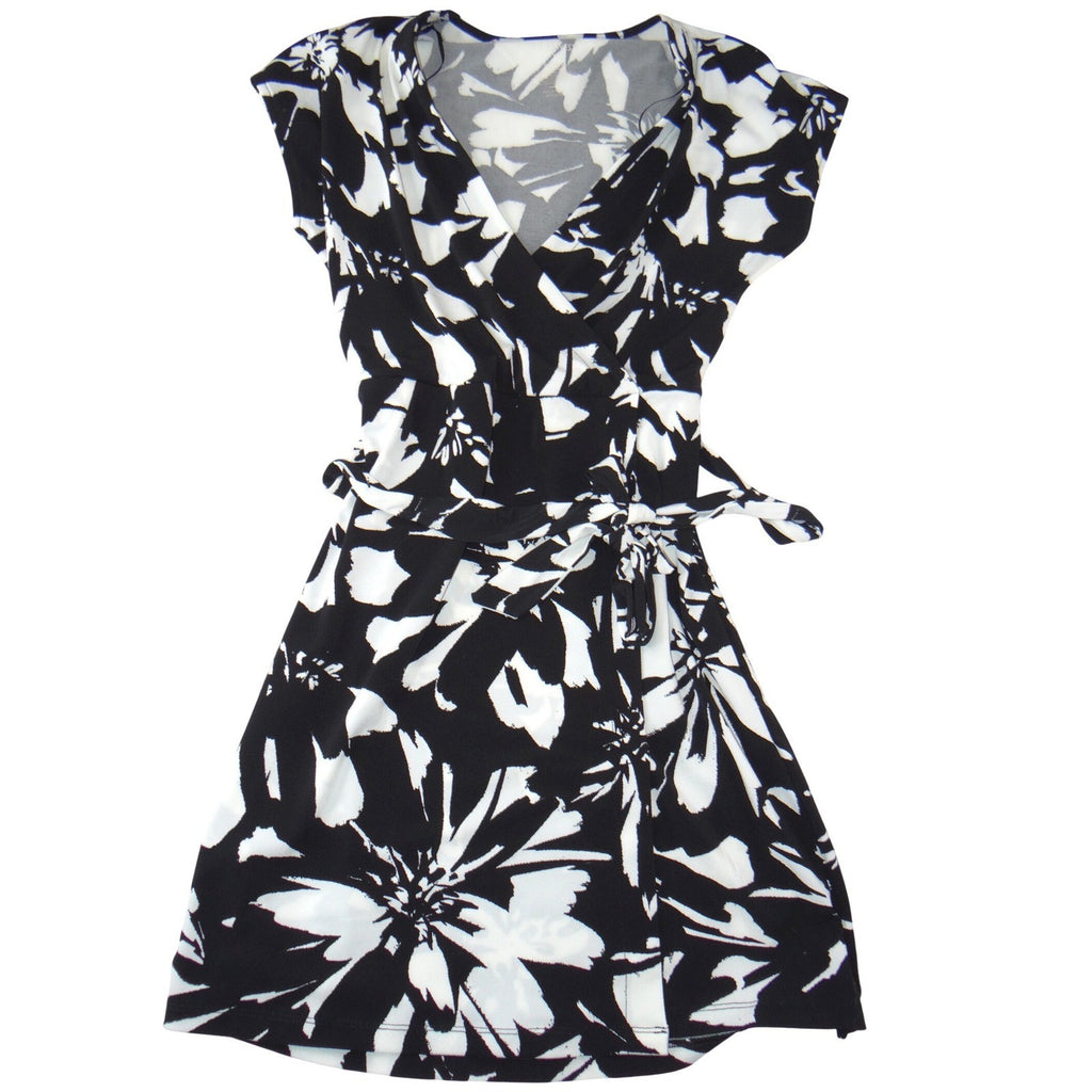 Nine West Womens Black White Floral Faux Wrap Dress V-Neck Short Sleeve Small