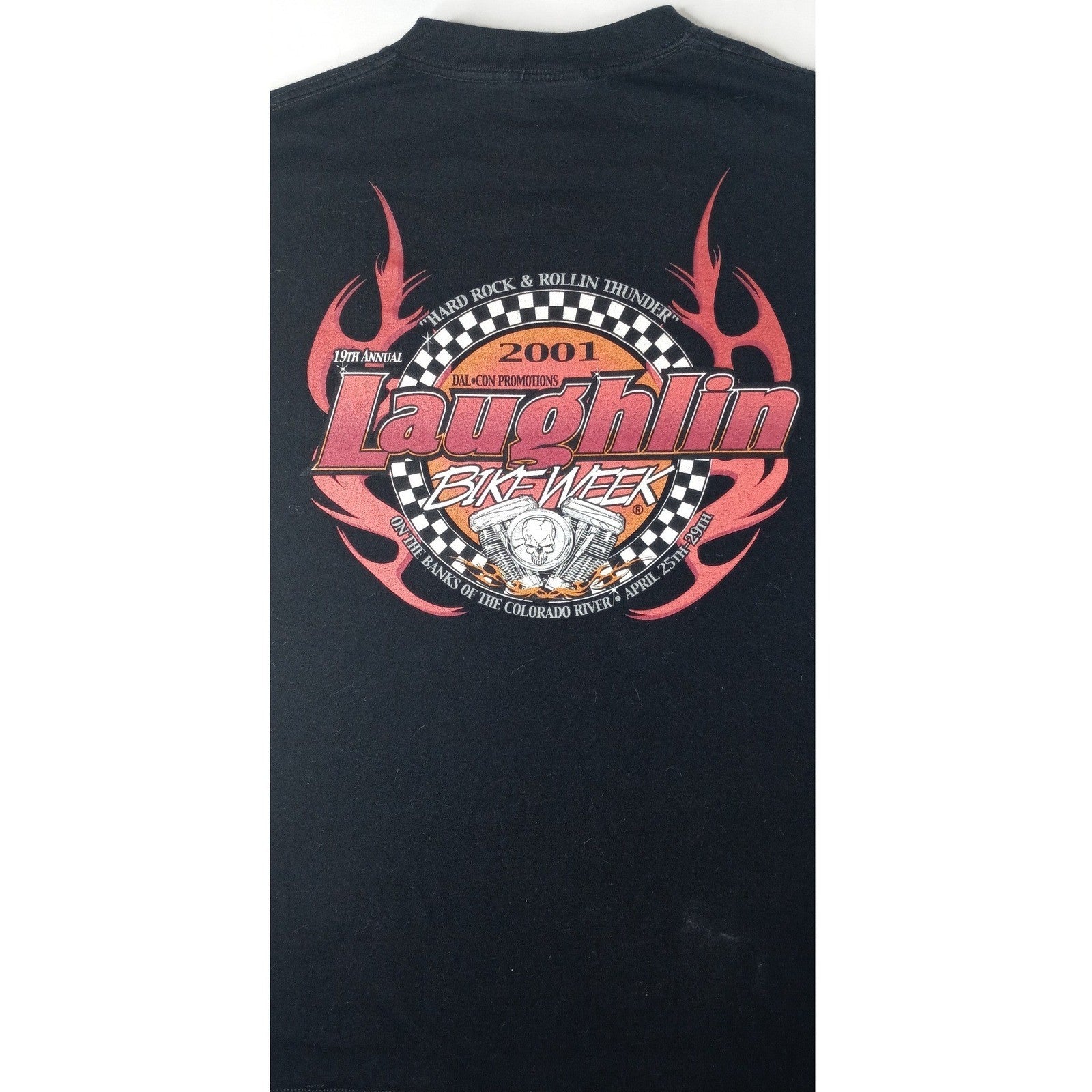 Vintage Men's Black Biker Skull Flames Laughlin River Run 2001 Motorcycle Shirt