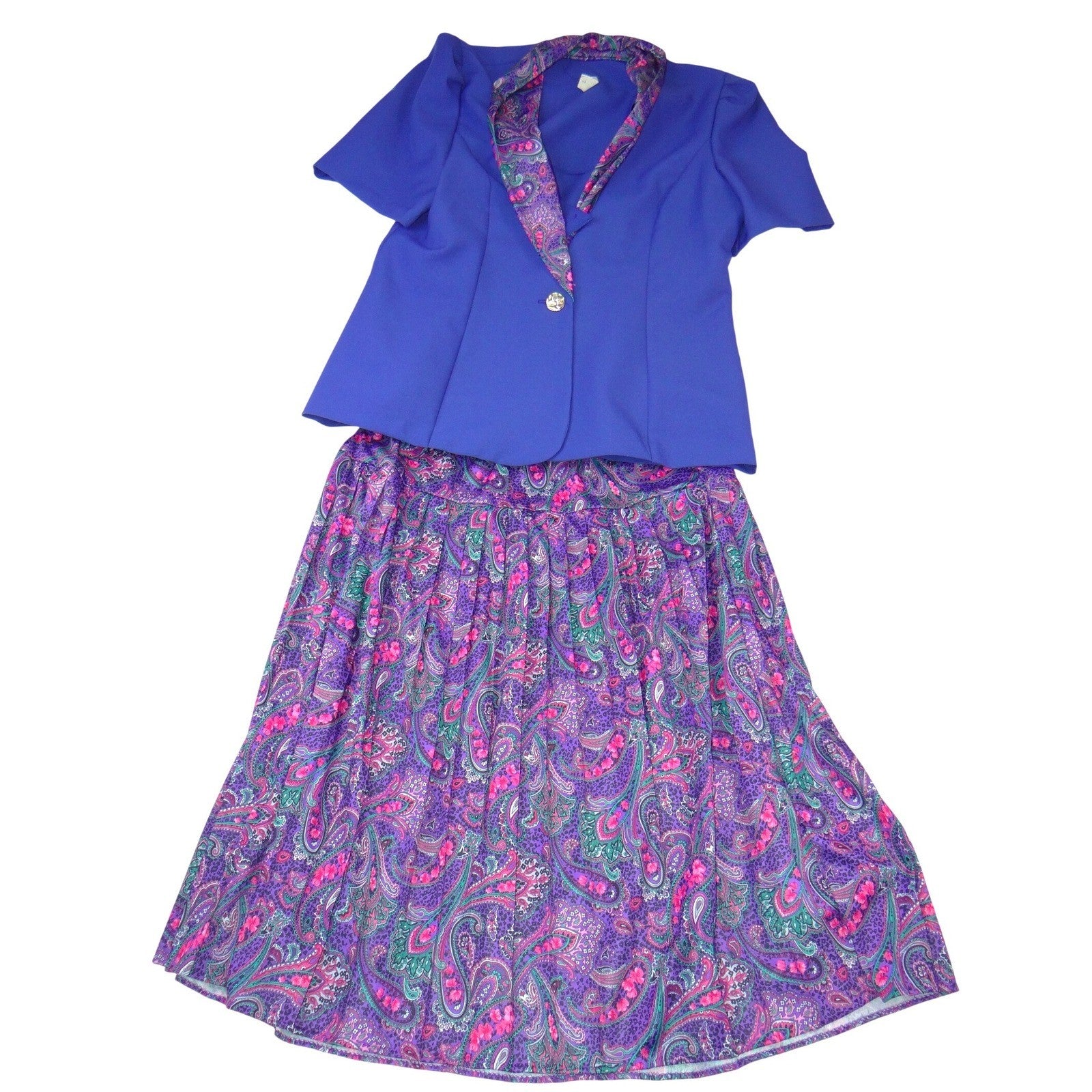 Vintage 80s Purple Paisley Skirt Set Short Sleeve Blazer Midi Skirt USA Size 14