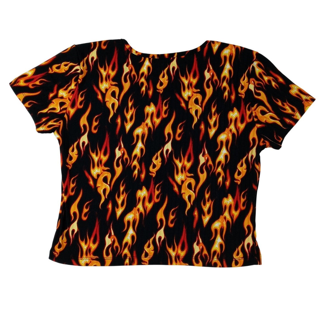 J FOR JUSTIFY Flame Print Crisscross VNeck CropTop Women Size M Black Orange Red
