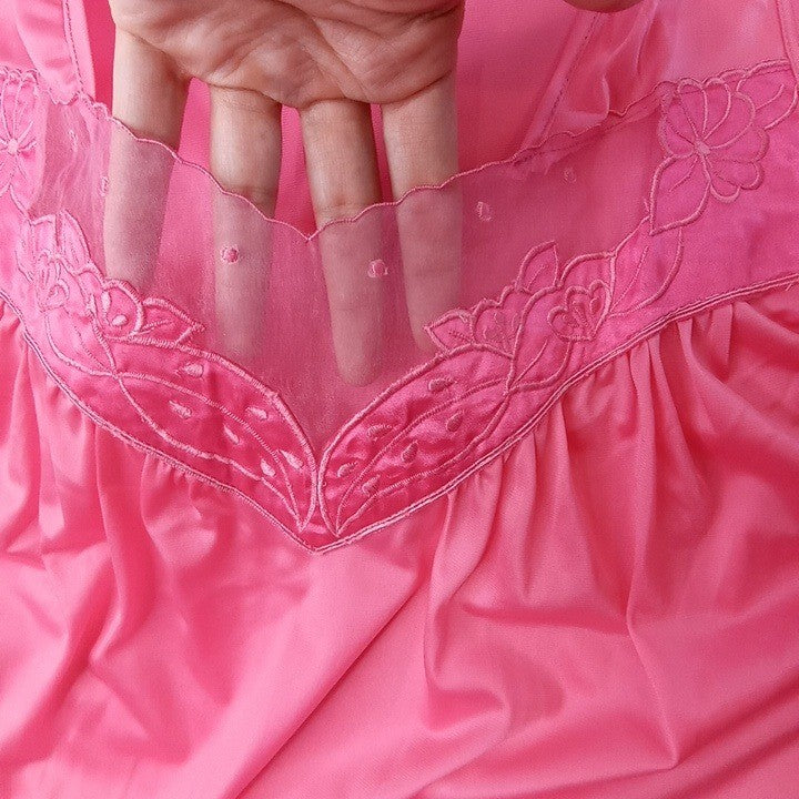 Vintage Princess Lingerie Pink Satin Nightgown Pearl Buttons Sheer Trim Size L