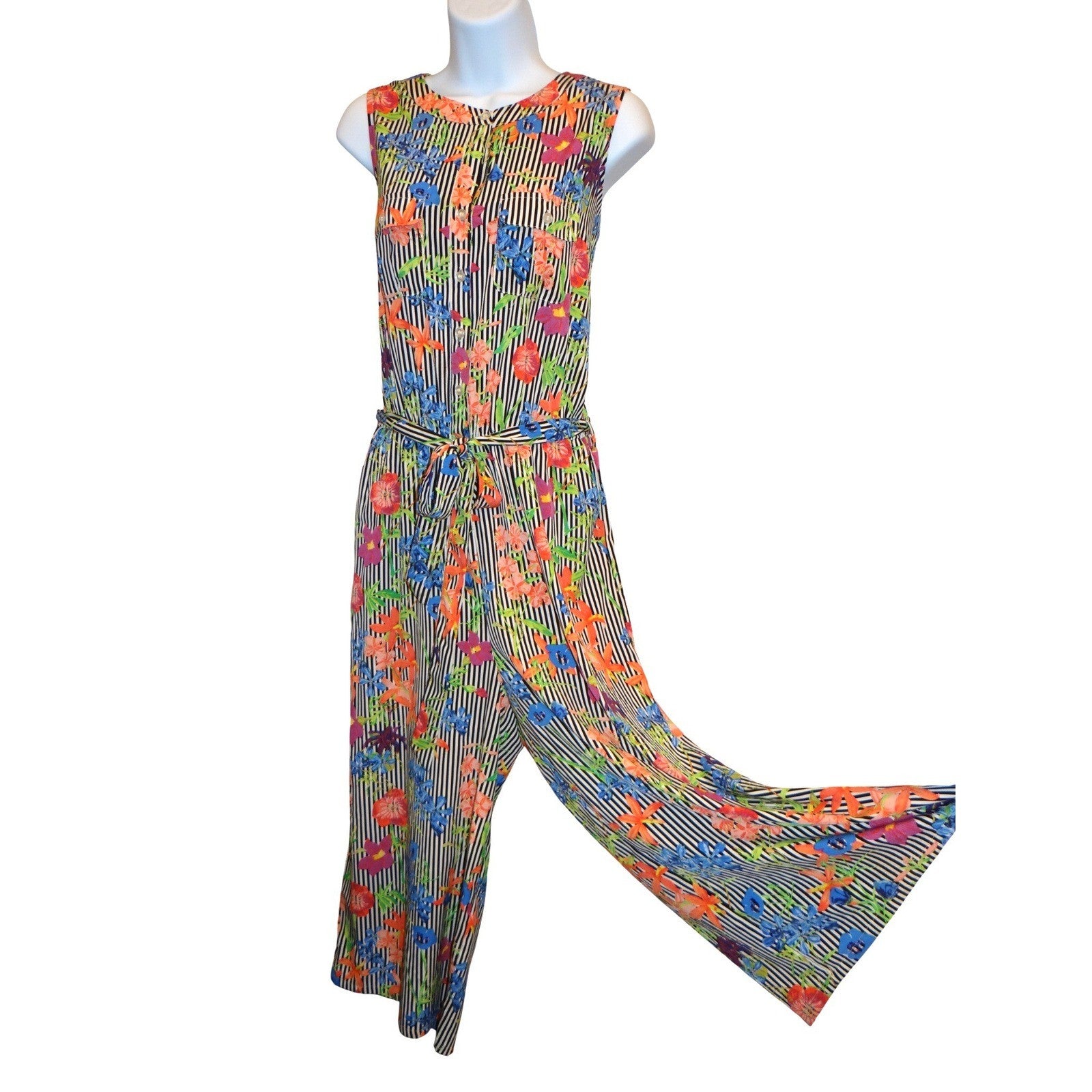 SPENSE Black White Stripe Floral Print Maxi Jumpsuit Women's M Sleeveless Belted