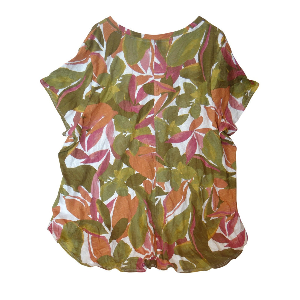 Tahari Womens 3X V Neck Short Sleeve Leaf Print Top Orange Green Pink