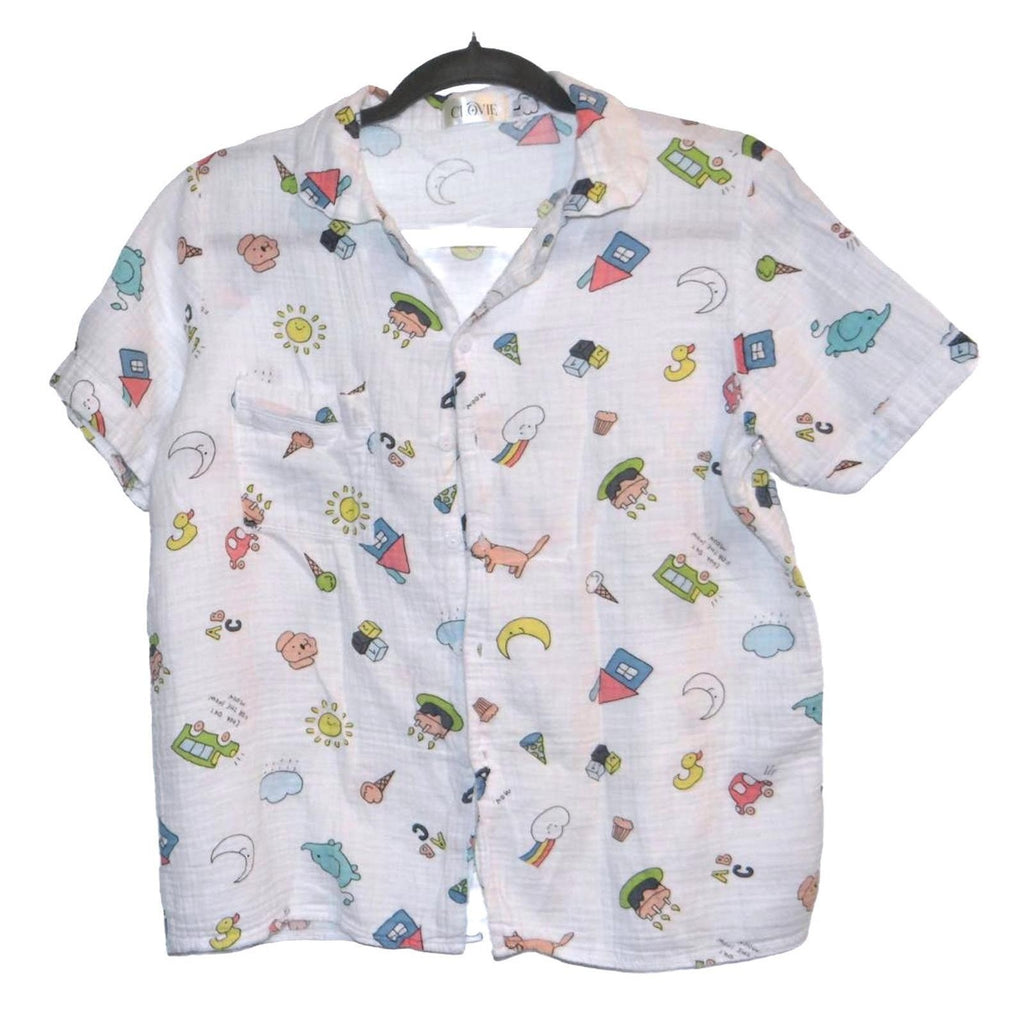UNIQUE Clovie Cartoon Print Short Sleeve Muslin Shirt