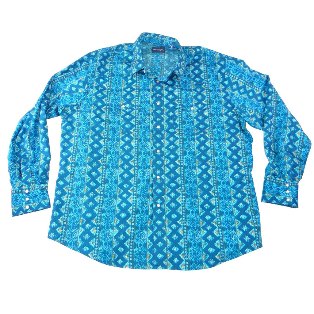Wrangler Mens Blue Southwestern Geometric Pearl Snap Western Shirt XXL