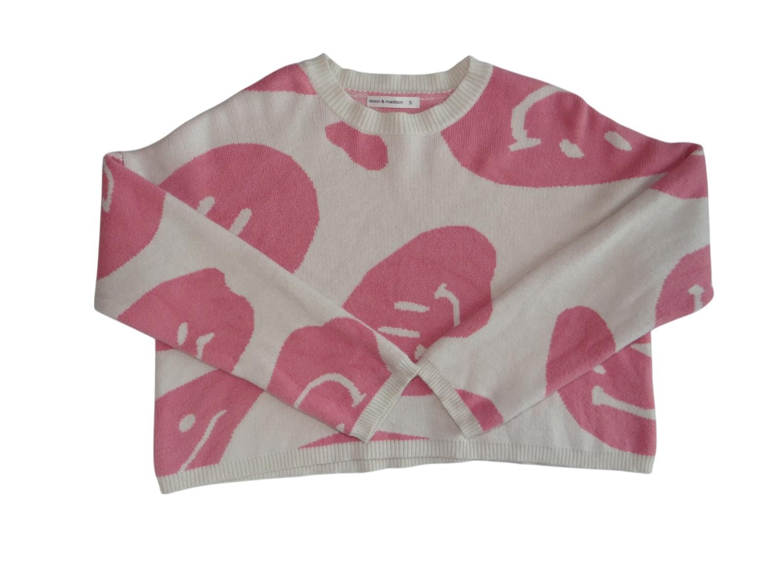 Moon & Madison Cropped Sweater - Pink Smiley Print, Size S