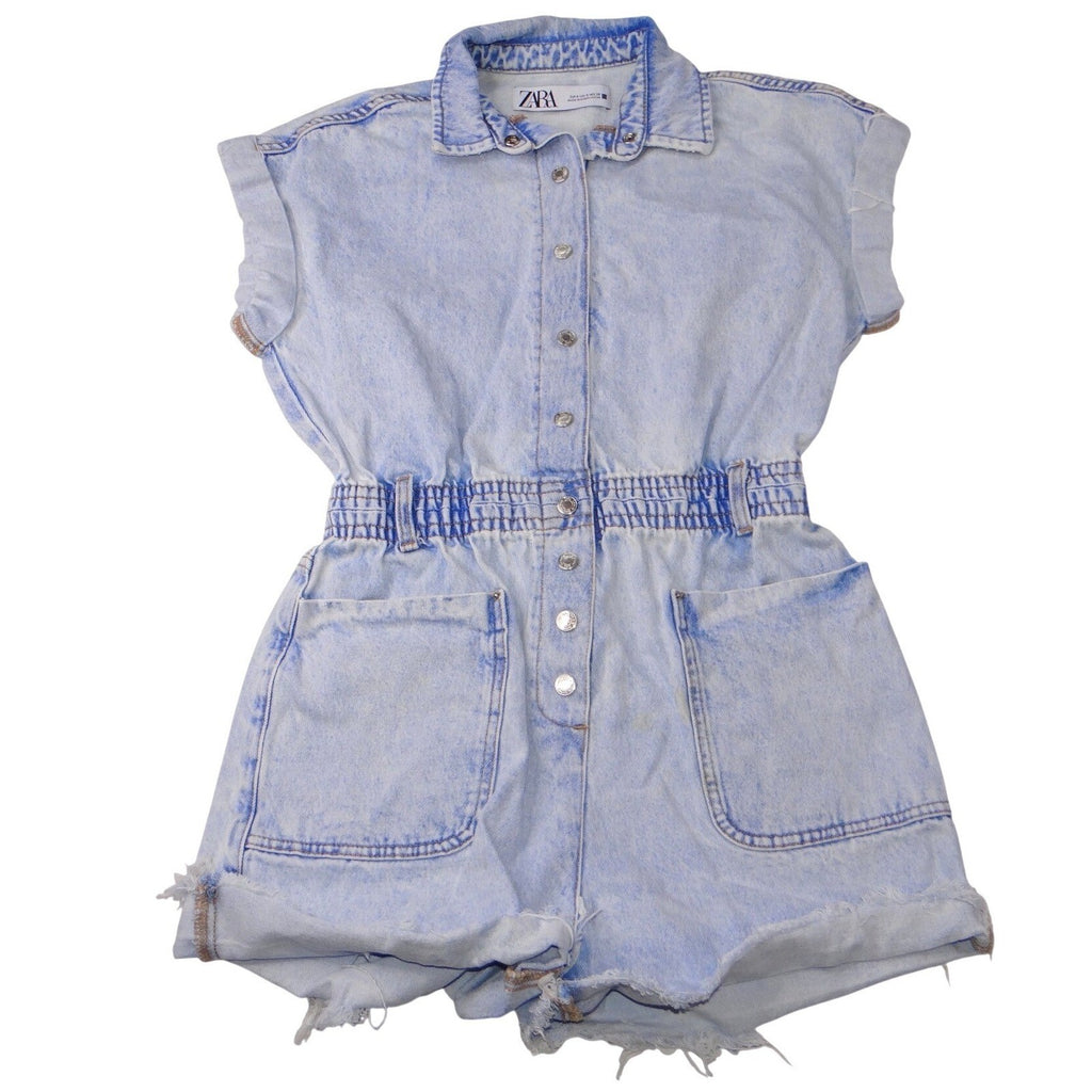 ZARA Acid Wash Denim Collared Button Front Elastic Waist Shortall Romper Size S