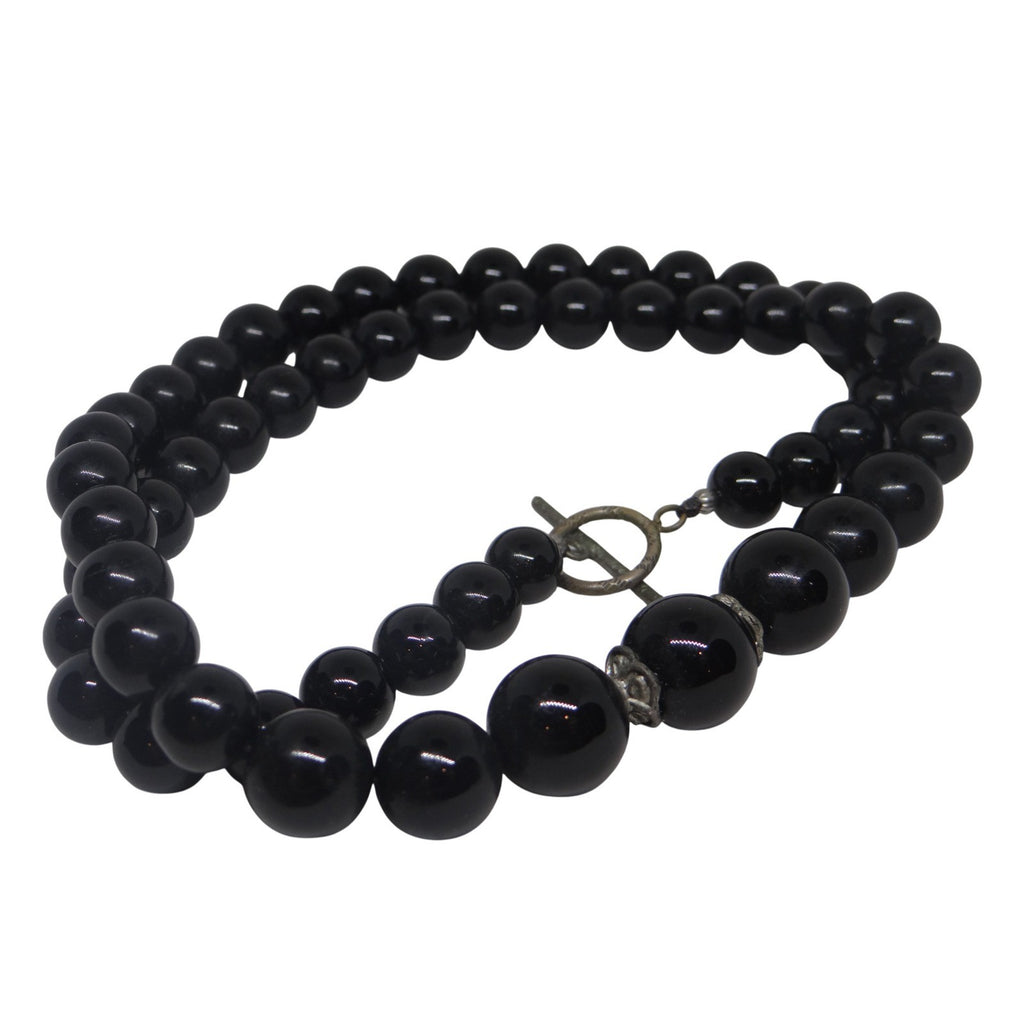Vintage Elegant Black Beaded Statement Necklace Toggle Clasp Estate Jewelry