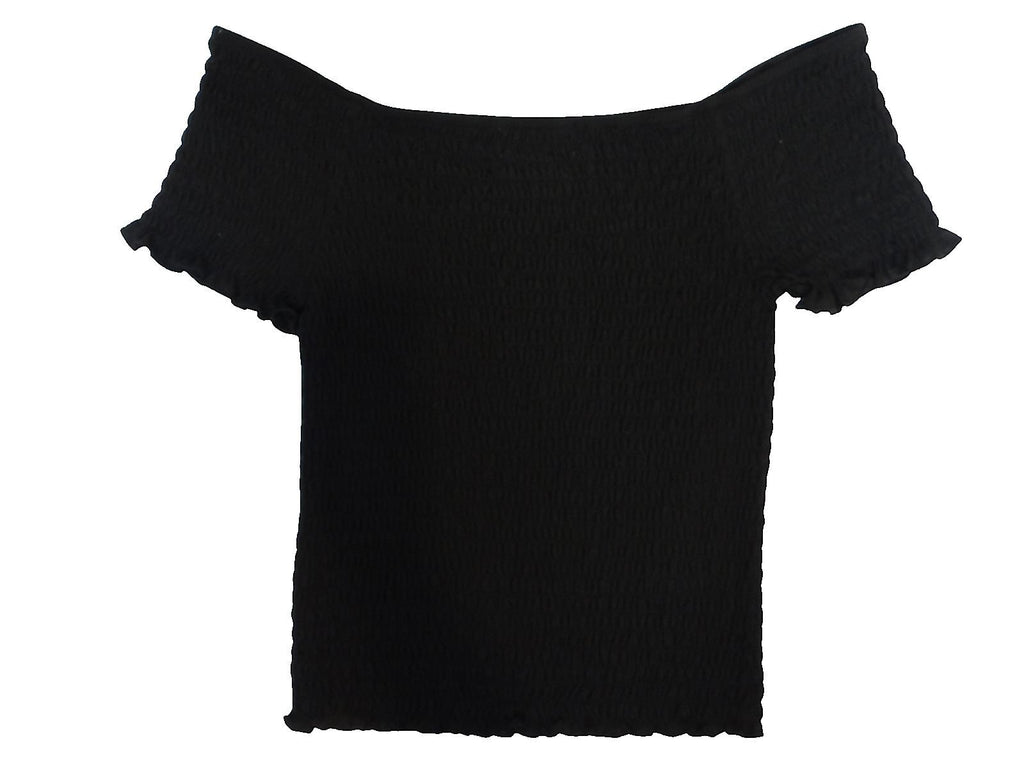 Y2K Crave Fame Black Off-Shoulder Smocked Top with White Floral Embroidery XL